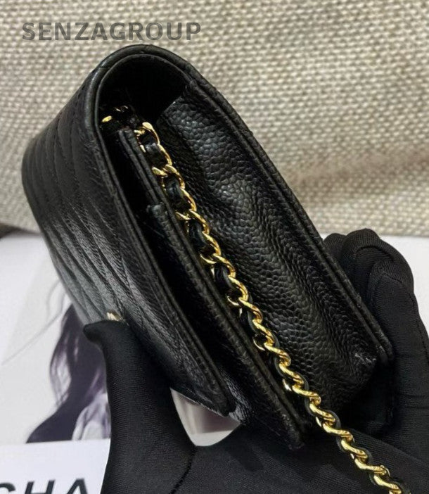 Chanel WOC Diamond Chain Crossbody Shoulder Bag Black Gold Women Classic