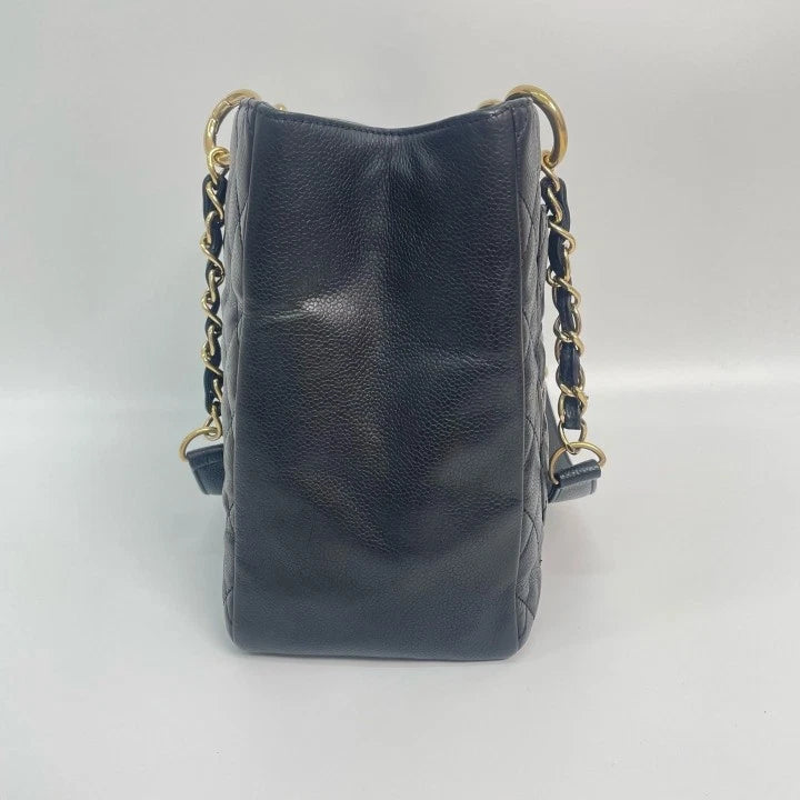 CHANEL GST Medium Black Gold Leather Tote Bag For Women