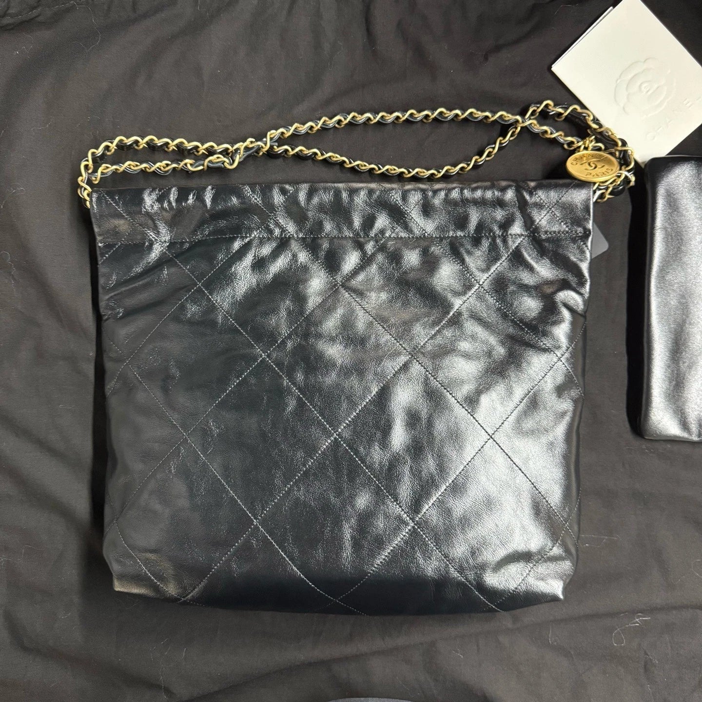 New CHANEL Calfskin 22 Small Black Gold Tote Shoulder Bag For Women