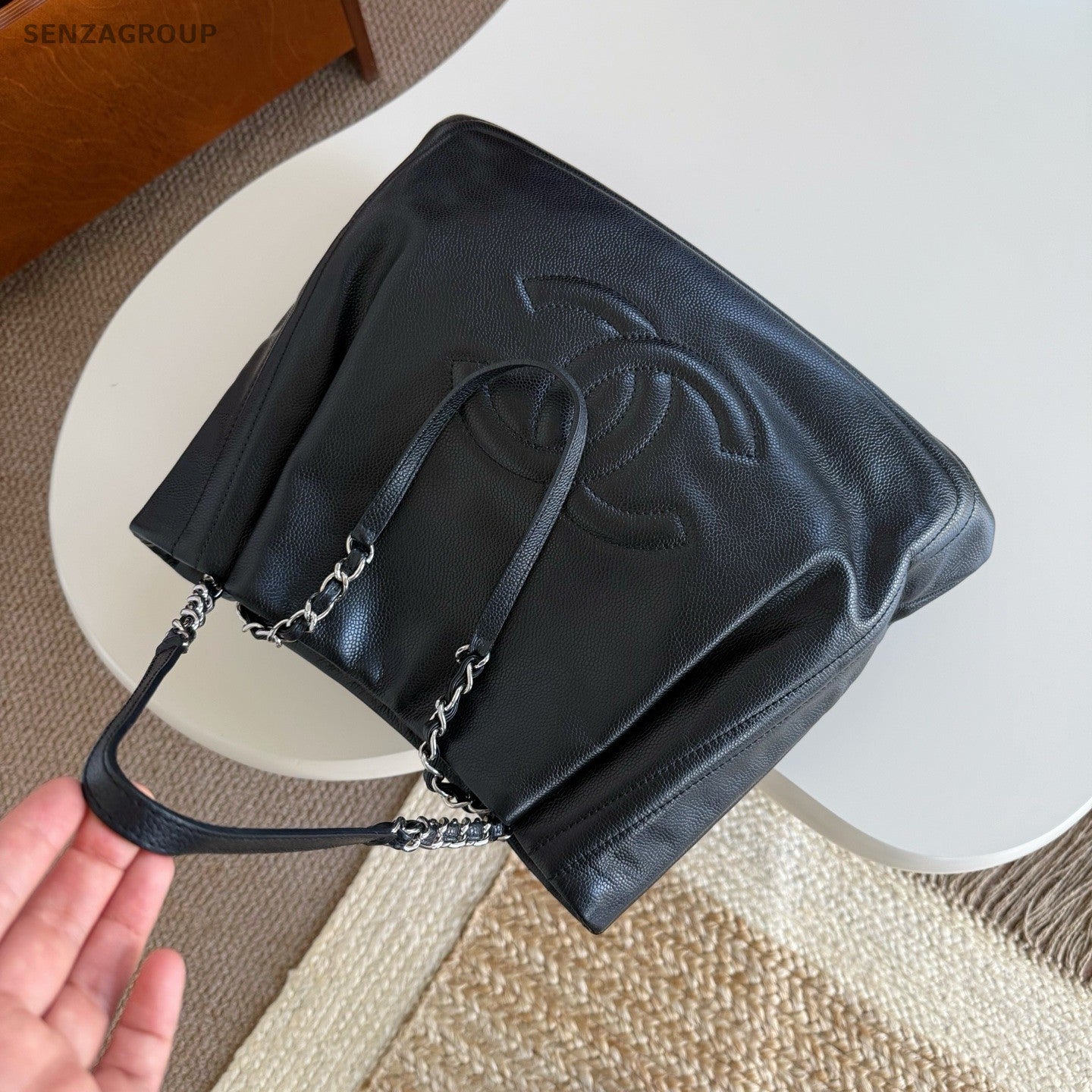 CHANEL CC Logo Relief sculpture Tote Calfskin Shoulder bag Women Black Silver
