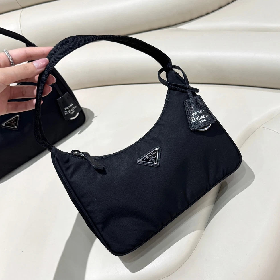 Excellent Condition Prada Hobo Nylon Handbag Shoulder Bag Black Silver Hardware