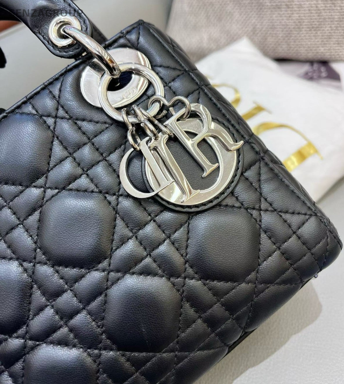 Christian Dior Lady Dior Chain Top Handle Bag Crossbody Black Red Silver Women