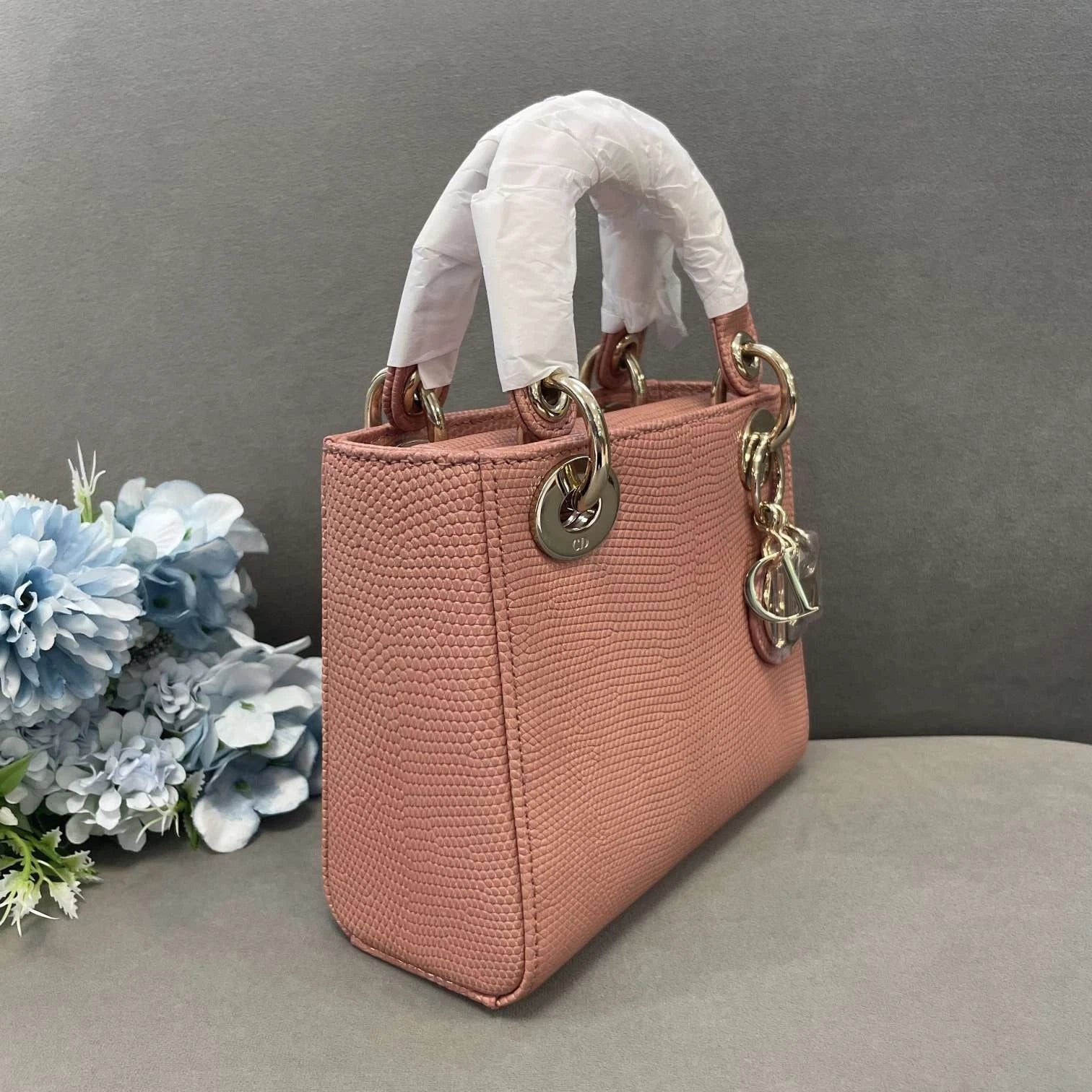 Dior Pink Lizard Leather Lady Dior Gold Hardware Top Handle Bag Women