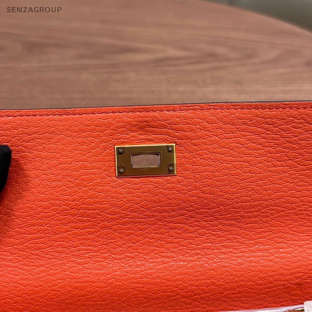 Hermes Kelly Long Wallet Goatskin Orange Gold Women Pouch
