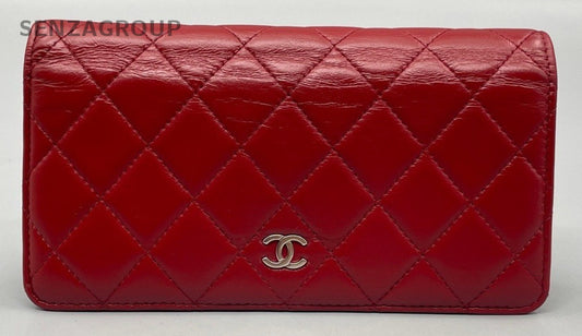 Chanel Calfskin Diamond Pattern Long Wallet Red Silver Used Women Classic