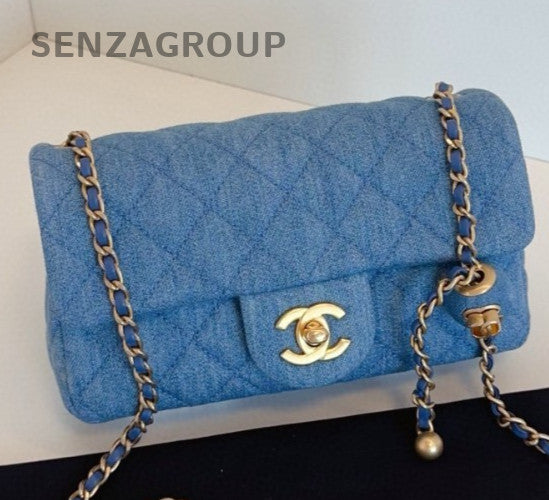 Chanel Classic Flap Mini Chain Shoulder Bag Crossbody Blue Gold Women Fashion