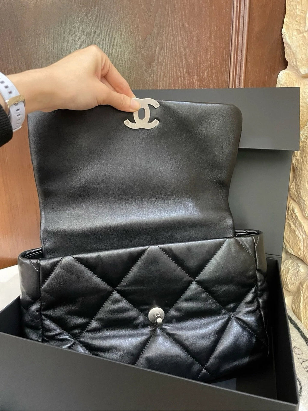 CHANEL 19 Medium Black Silver Hardware Shoulder Handbag for Women