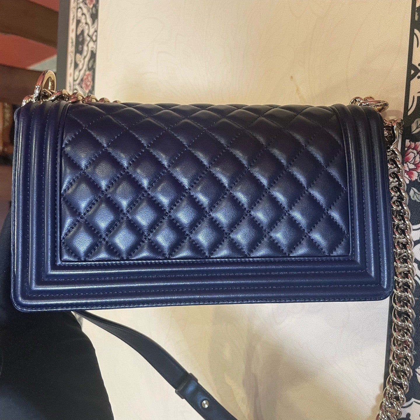 Chanel Leboy MM Lambskin Chain Shoulder Bag Crossbody Blue Gold Women Classic