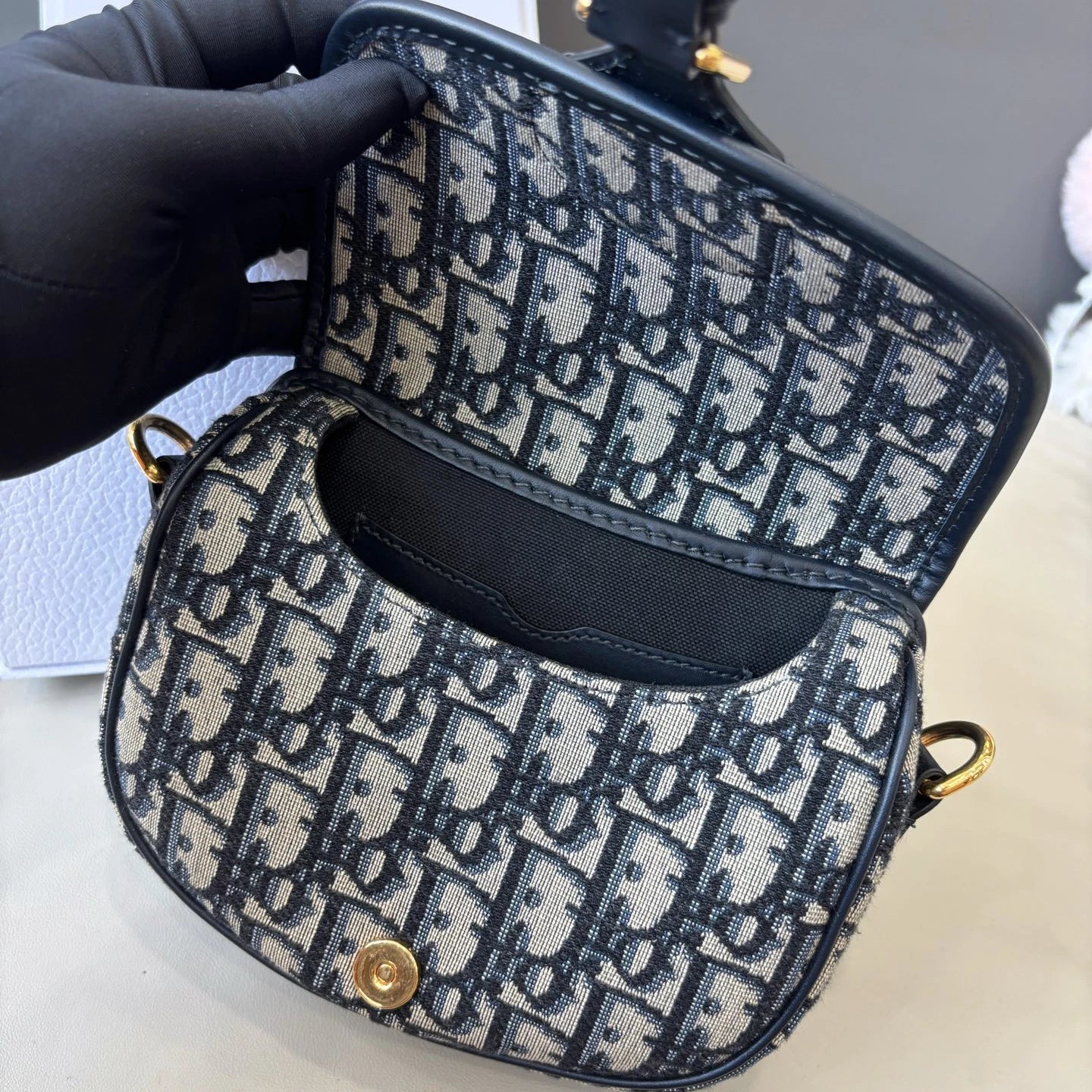 Dior Saddle Canvas Gold Navy Shoulder Bag Crossbody Excellent