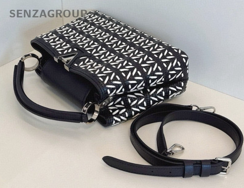 Louis Vuitton Capucines BB Top Handle Shoulder Crossbody Bag Black White Women