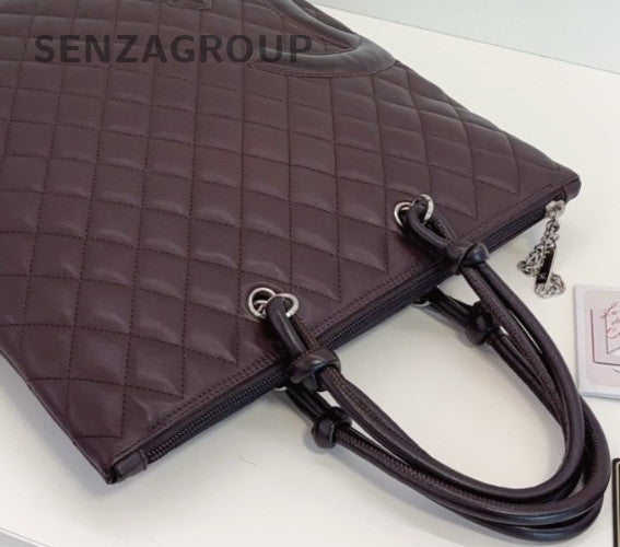 Chanel Cambon CC Logo Top Handle Bag Brown Red Silver Women Classic Diamond