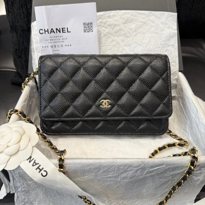 Chanel Woc Calfskin Chain Shoulder Crossbody Bag Black Gold Women Classic D