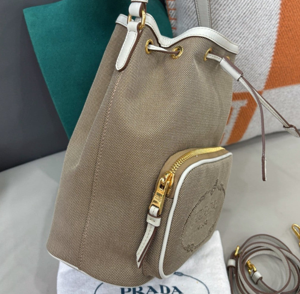 Prada Canvas Drawstring Bucket Top Handle Bag Crossbody Brown White Gold Women
