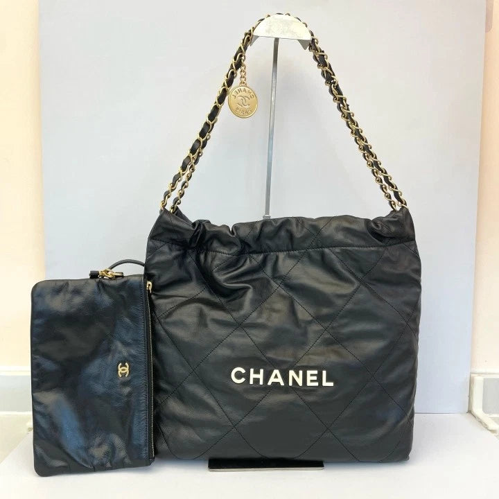 CHANEL Calfskin 22Bag Black Gold Small Tote Shoulder Bag For Women