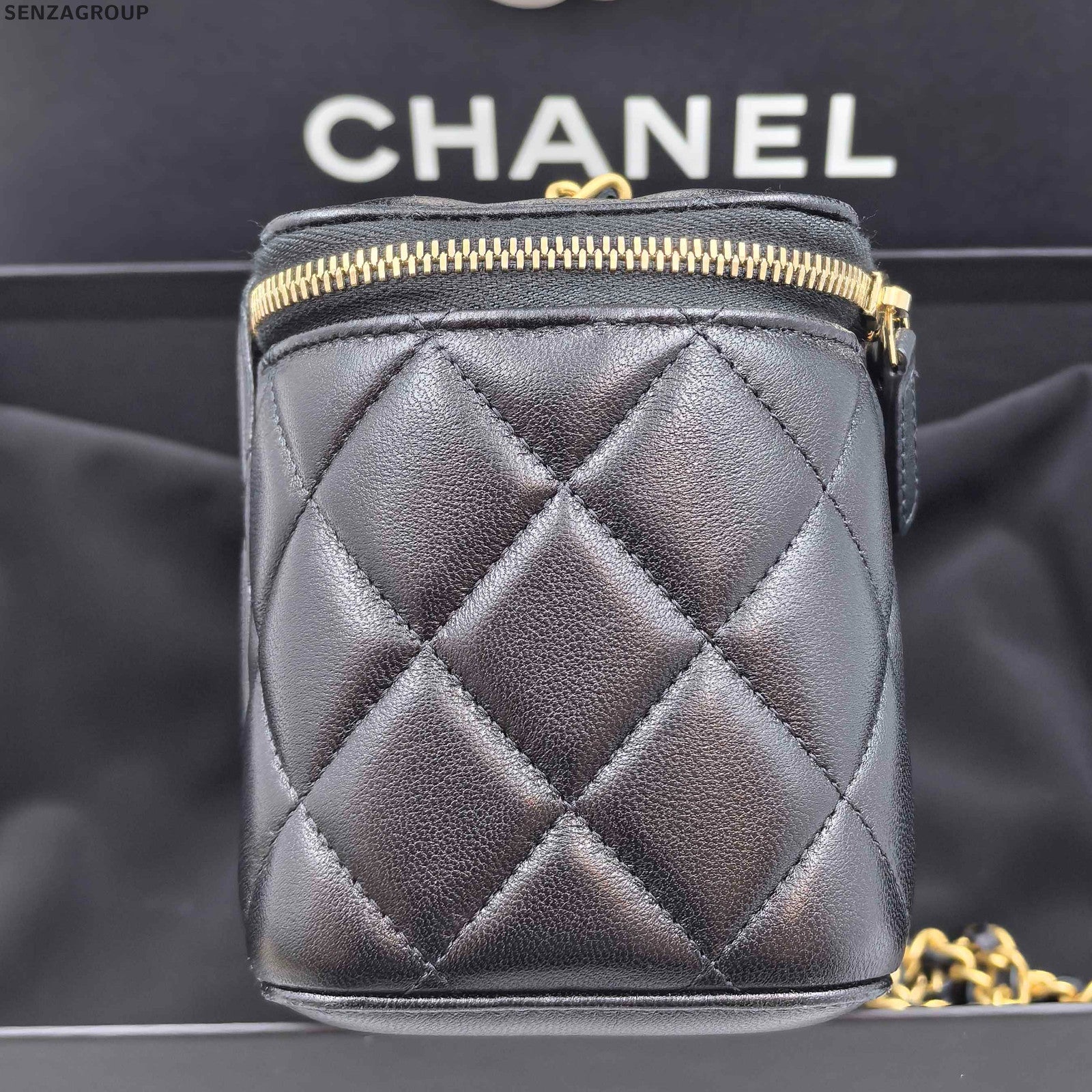 Chanel Classic Black Gold Quilted Chain Cosmetic Crossbody Bag