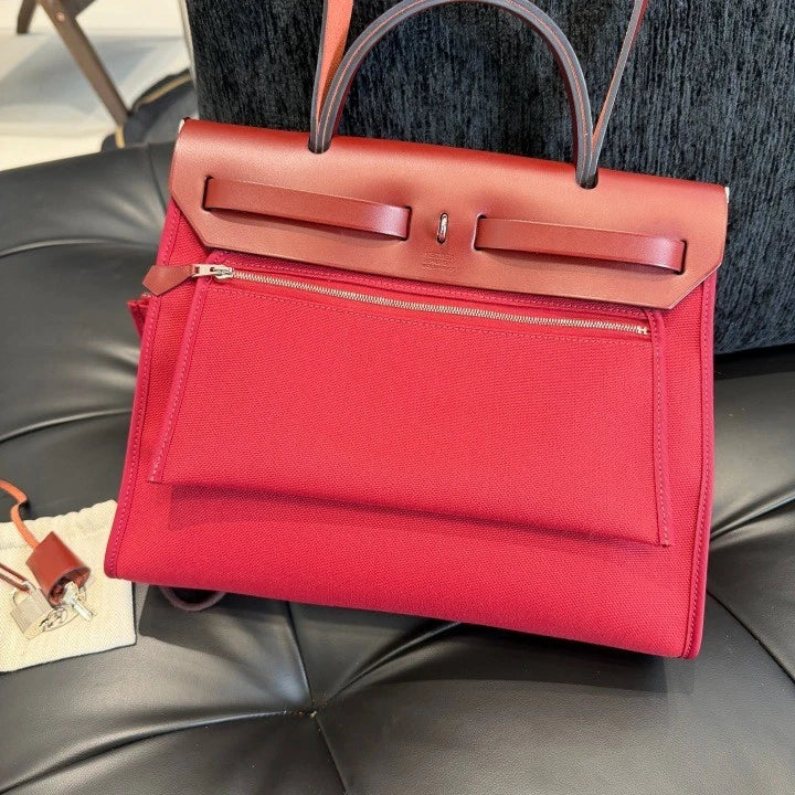 Hermes Herbag31 Canvas Top Handle Bag Crossbody Red Silver Women Classic D
