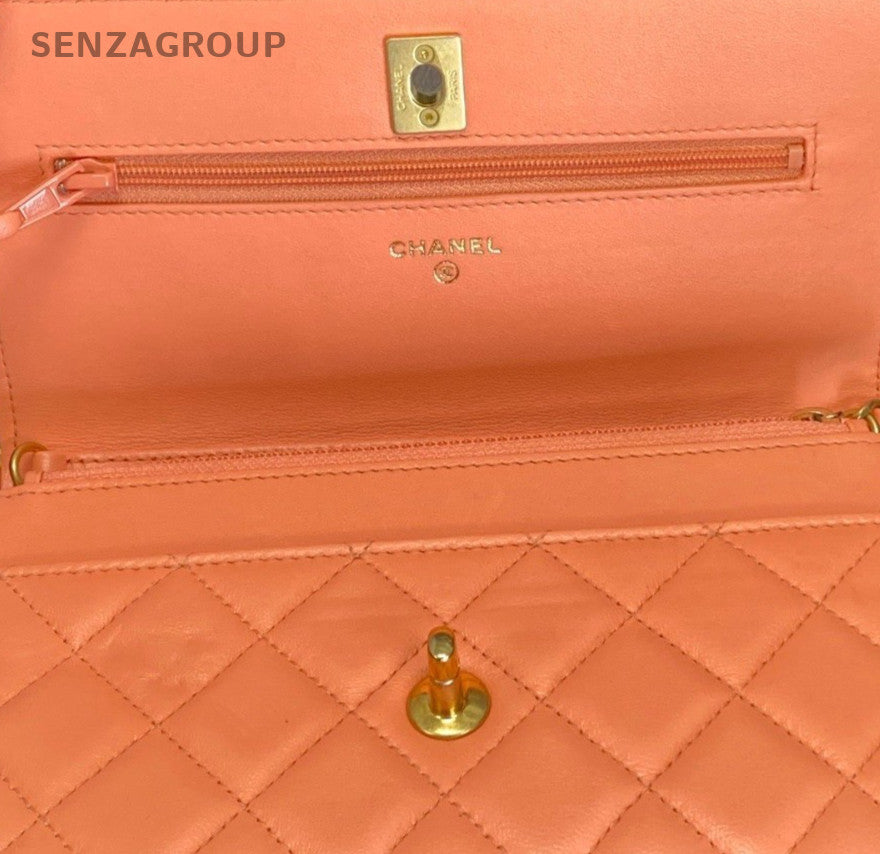CHANEL WOC Diamon Pattern Chain Shoulder Bag Crossbody Orange Gold Women Classic