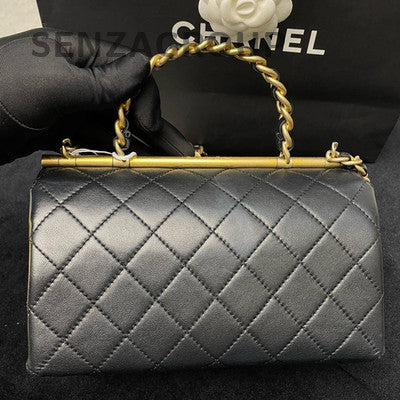 Chanel Black Gold Lambskin Quilted CC Top Handle Chain Crossbody Bag
