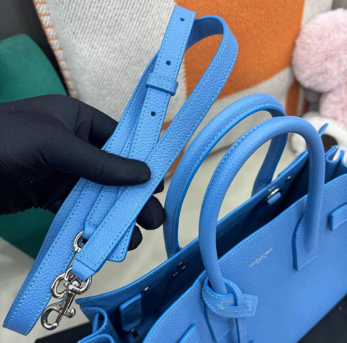 Saint Laurent Calfskin Tote Top Handle Bag Crossbody Blue Silver Women Classic