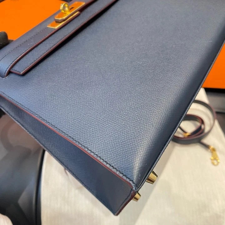 Hermes Kelly 28 Epsom Tote Top Handle Crossbody Bag Navy Gold Women D