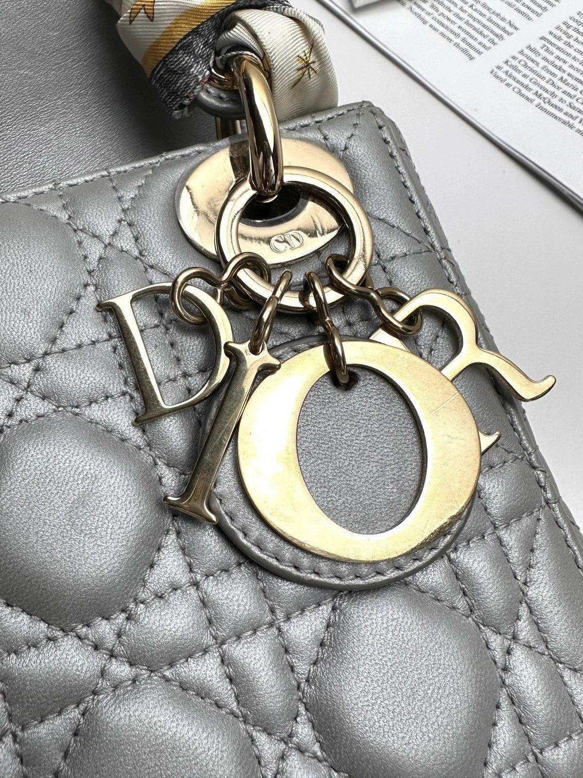 Christian Dior Lady Dior Cannage Gray Handbag Gold Chain Crossbody with Dust Bag