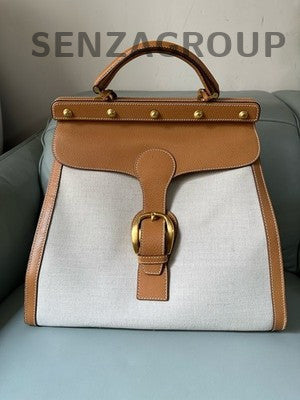 Gucci Vintage Canvas Leather Tote Bag Beige Orange Gold Women Fashion