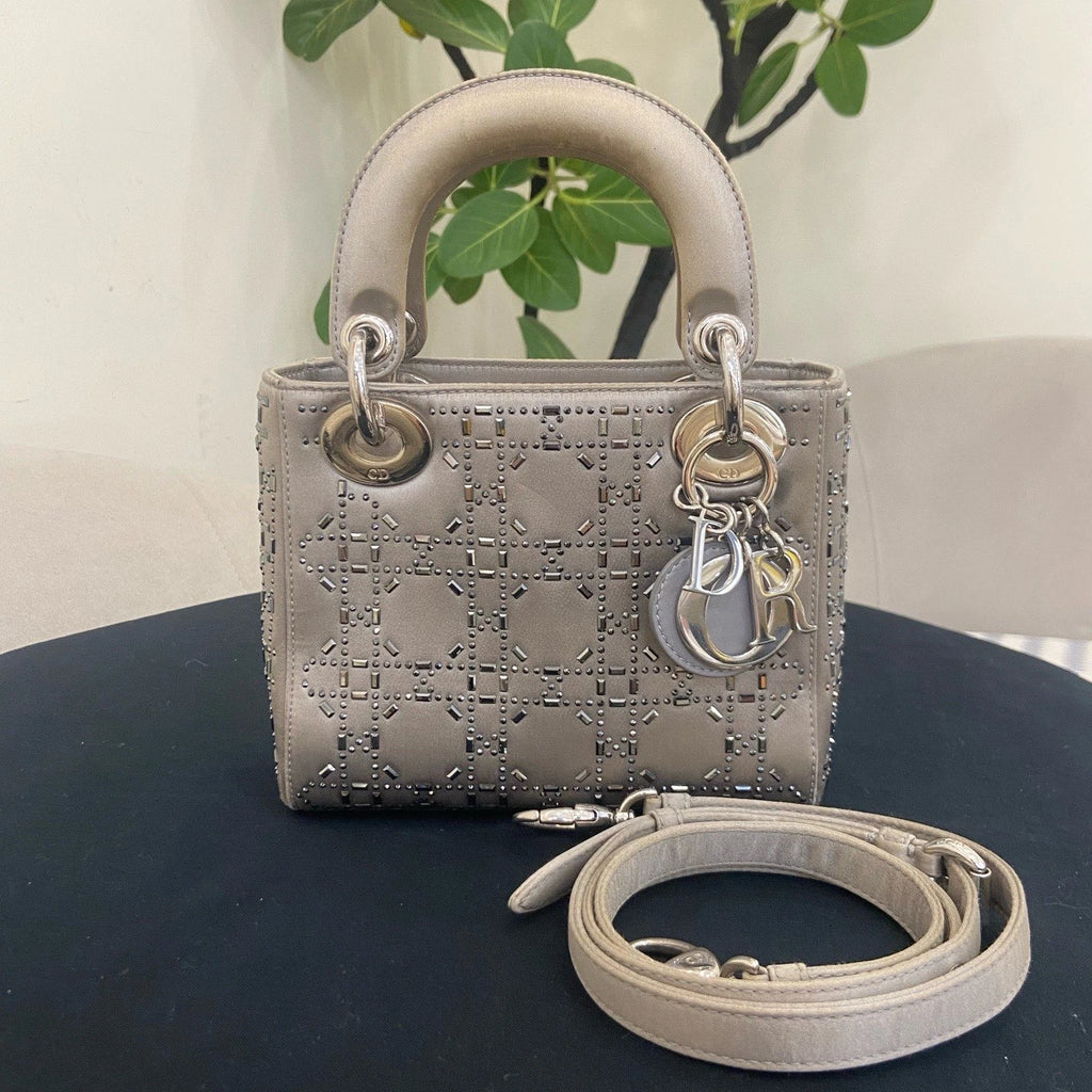 Christian Dior Lady Dior 2Way Top Handle Crossbody Gray Silver Women Classic