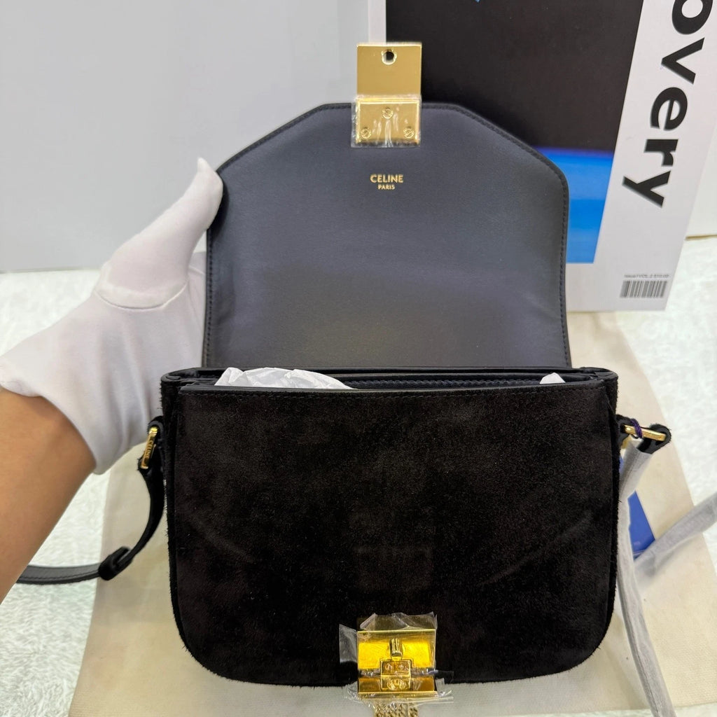 CELINE Black Gold Suede Fringe C Bag Crossbody Bag For Women