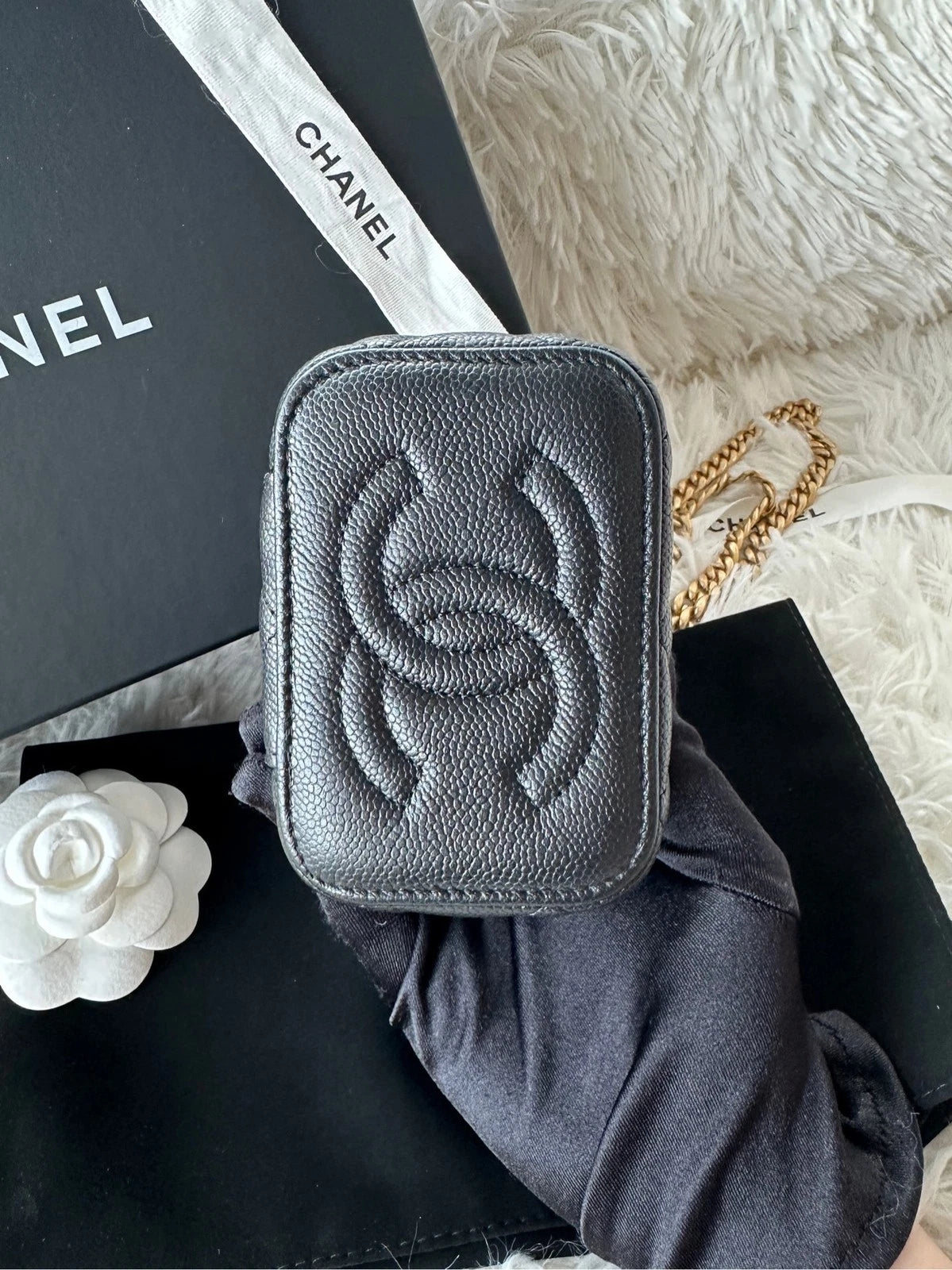 Chanel Black Leather Heart Button Mini Square Box Bag For Women