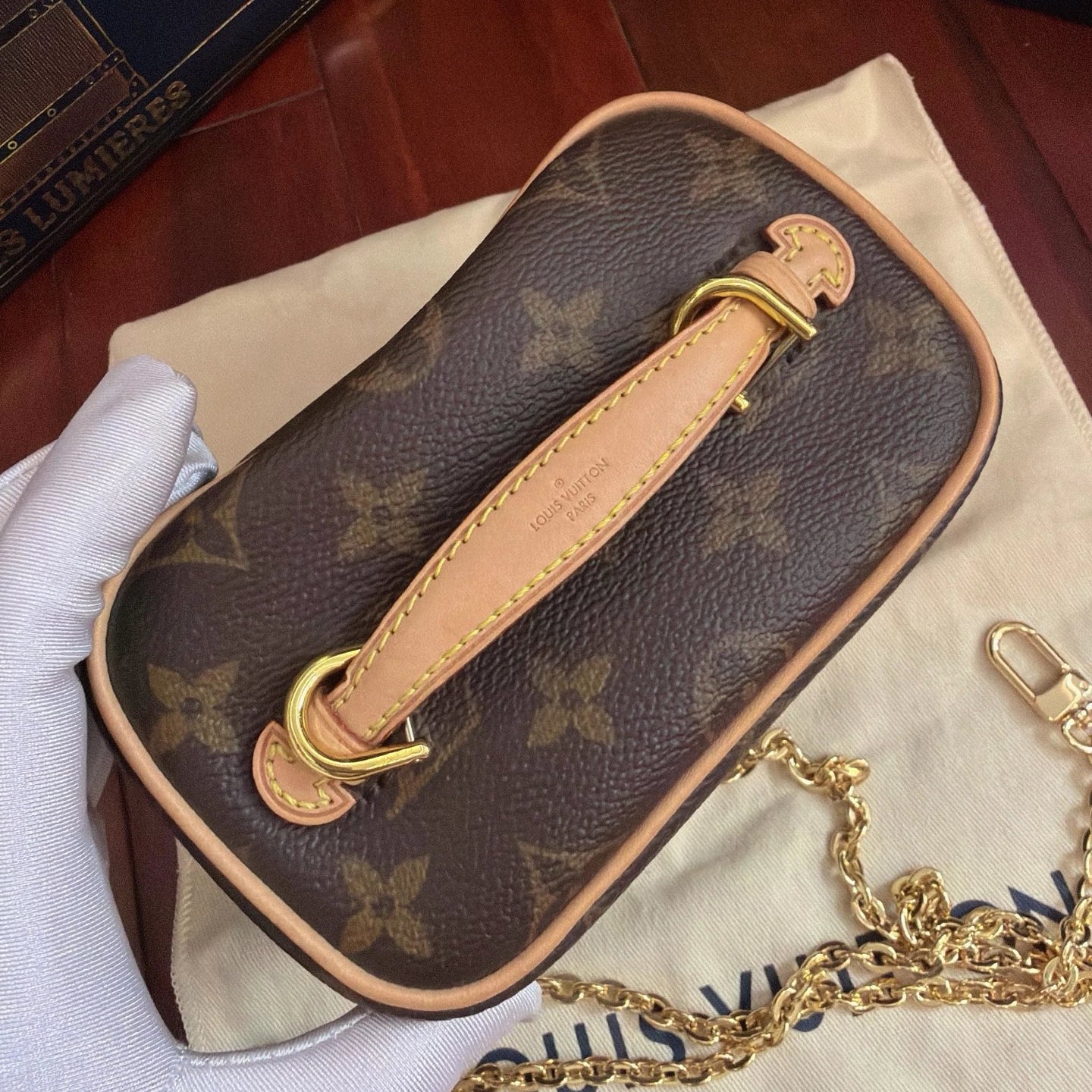 Louis Vuitton Monogram Nano Chain Top Handle Crossbody Brown Gold Women