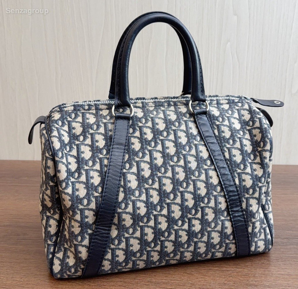 Christian Dior Boston Oblique Top Handle Bag Black Silver Women Classic Vintage