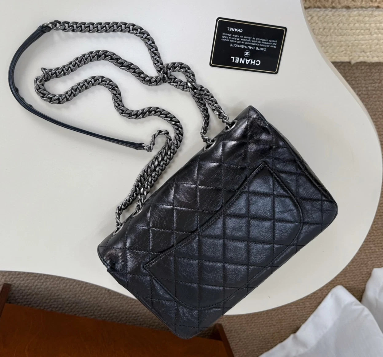 Chanel Diamond Chain Shoulder Bag Crossbody Used Women Black Silver