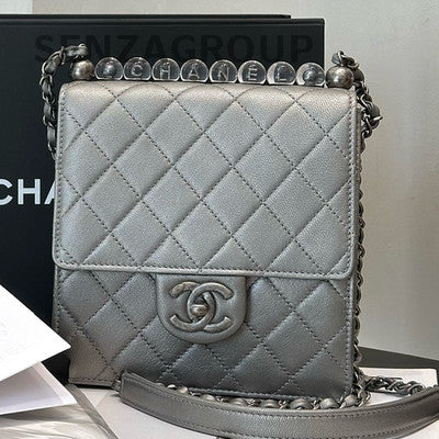Chanel Grey Quilted Bag with Silver Pearl Chain Strap