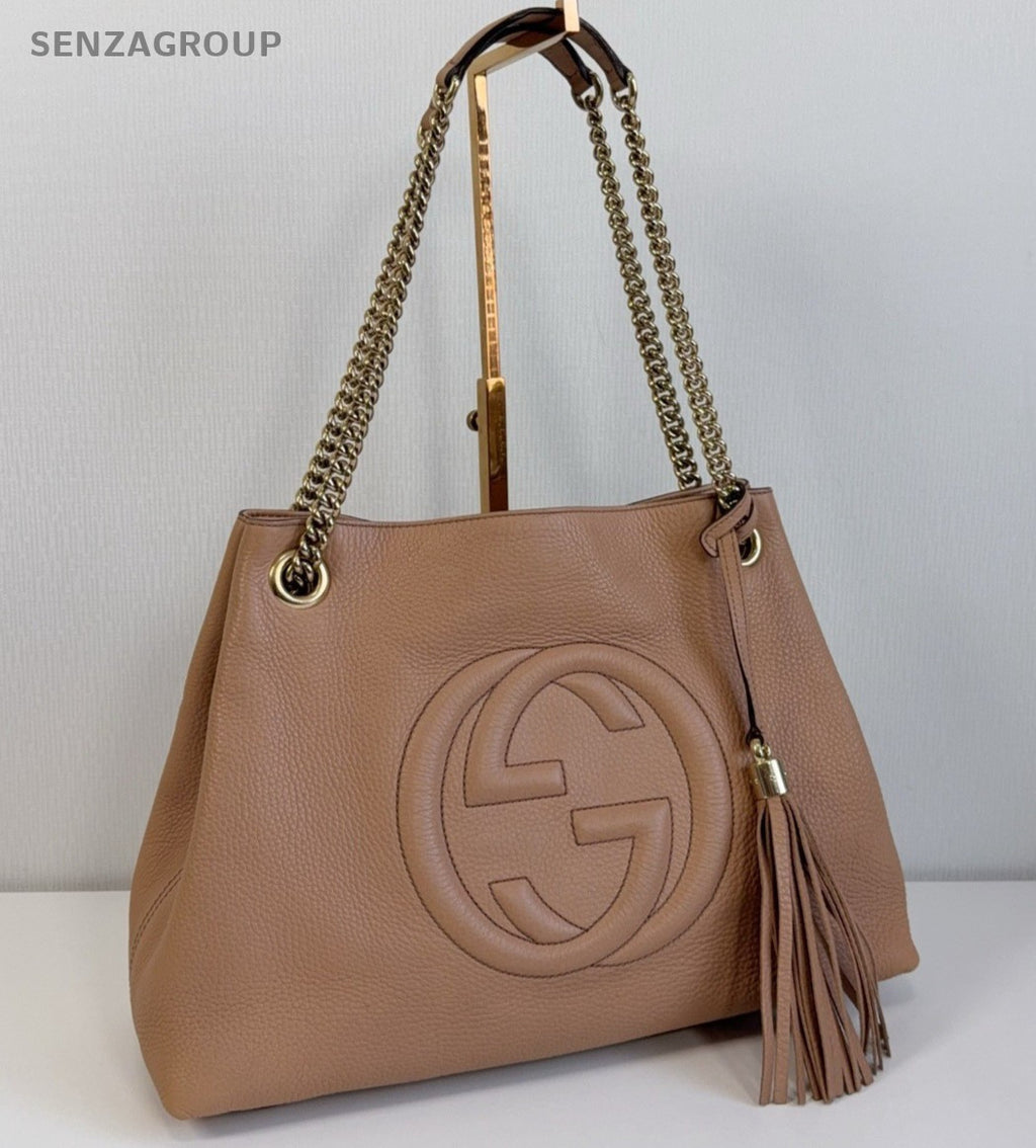 Gucci SOHO Chain Calfskin Shoulder Bag Brown Gold Women Classic Fashion
