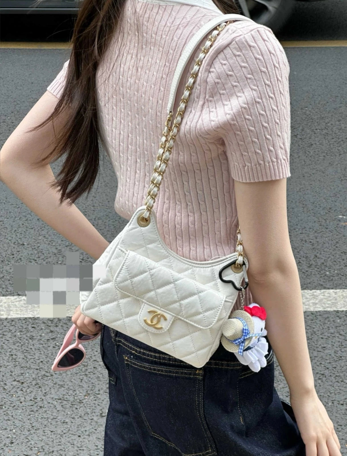 CHANEL White Waxed Leather Small Hobo Shoulder Bag For Women