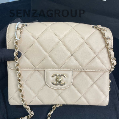 Chanel Classic Flap Bag Beige Gold Hardware Chain Shoulder Crossbody