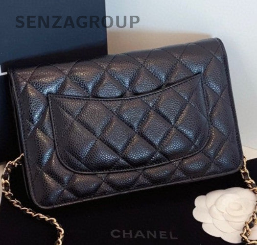 Chanel WOC Chain Shoulder Bag Crossbody Black Gold Women Classic Diamond