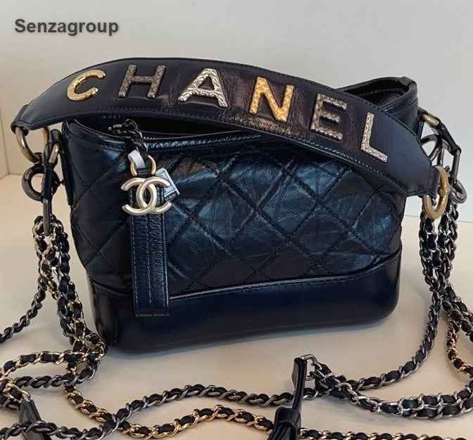Chanel Gabrielle PM Top Handle Chain Shoulder Bag Crossbody Navy Gold Women