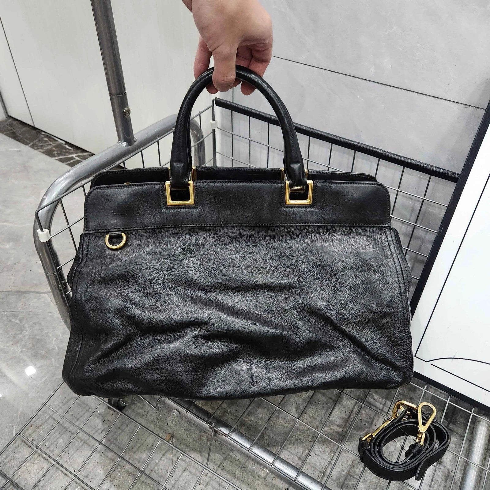 PRADA Black Gold Tote Handbag Shoulder Crossbody For Women