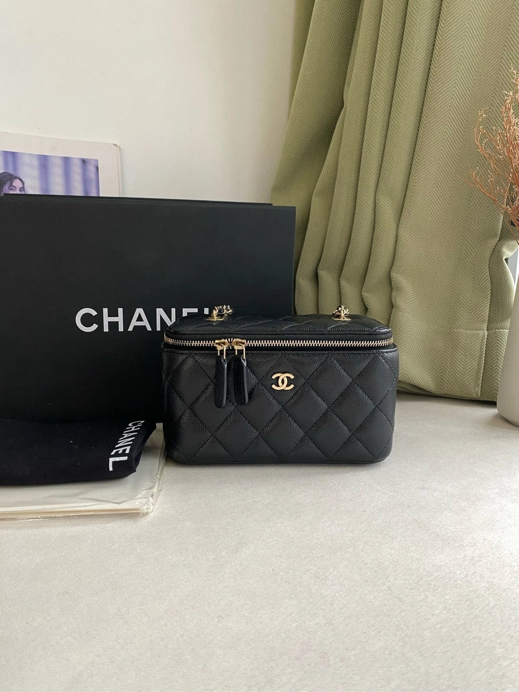 CHANEL Black Gold Leather Crossbody Shoulder Box Bag For Women