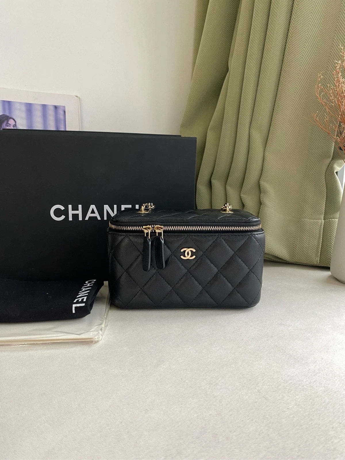 CHANEL Black Gold Leather Crossbody Shoulder Box Bag For Women