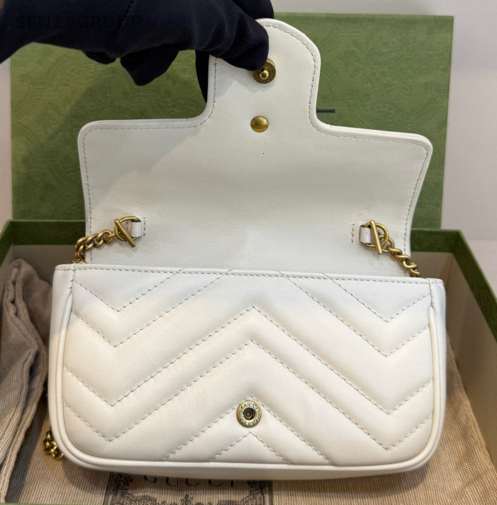 Gucci Marmont Mini Chain Crossbody Shoulder Bag White Gold Women Classic
