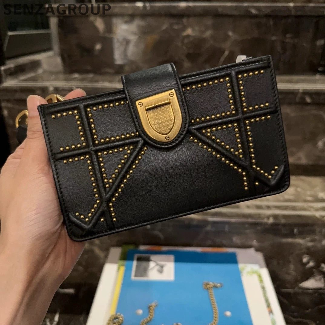 Dior Diorama Mini Black Gold Rivet Shield Crossbody Handbag For Women