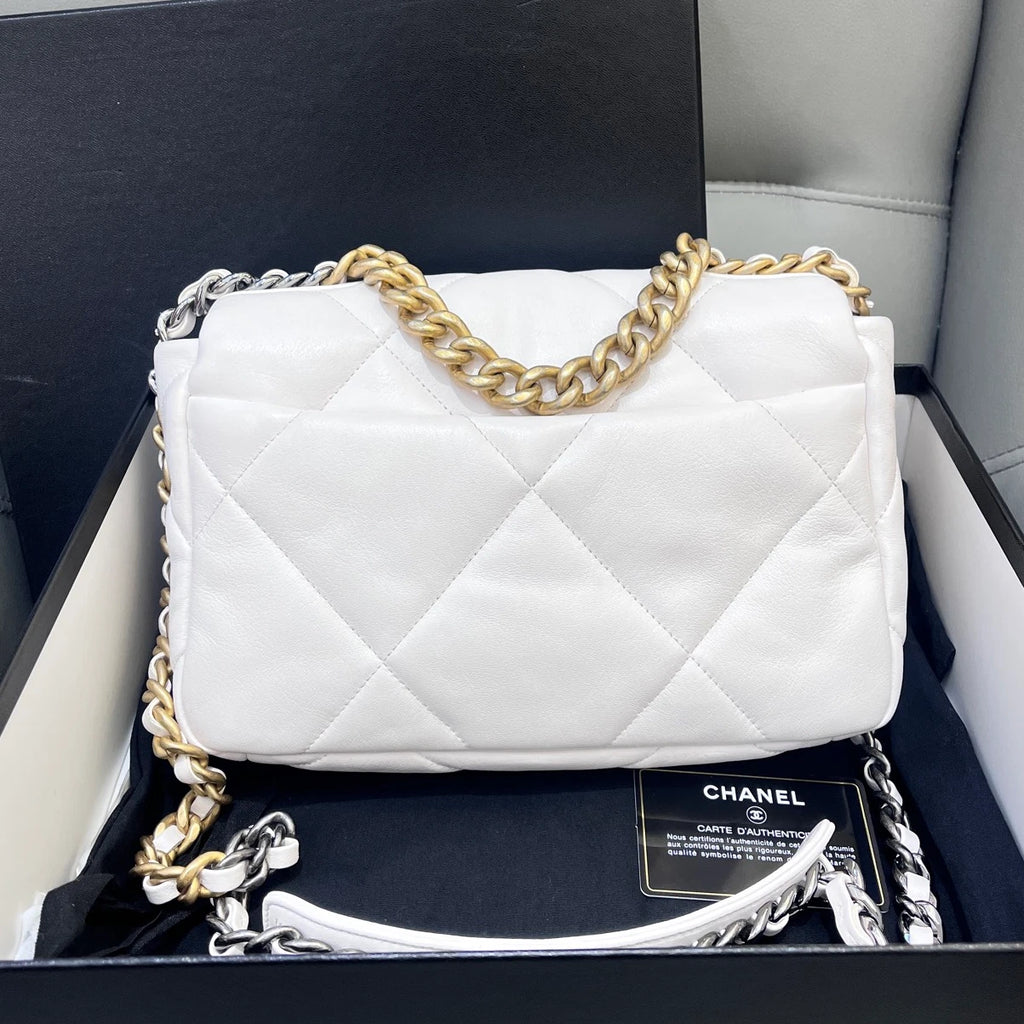 Chanel 19Bag PM Chain Top Handle Crossbody White Gold Women Classic