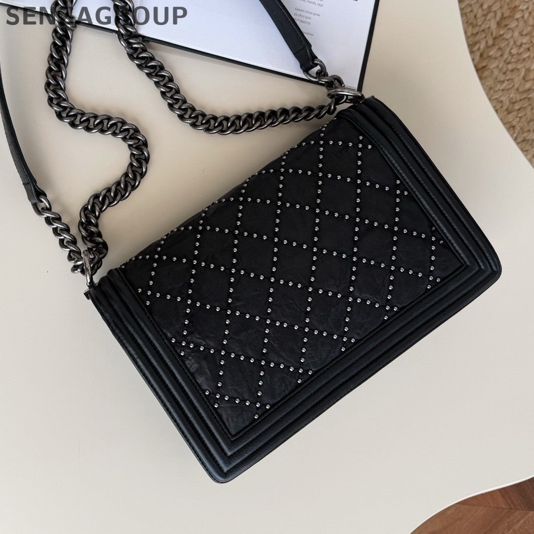 Chanel Leboy MM Chain Shoulder Crossbody Black Silver Diamond Women Classic