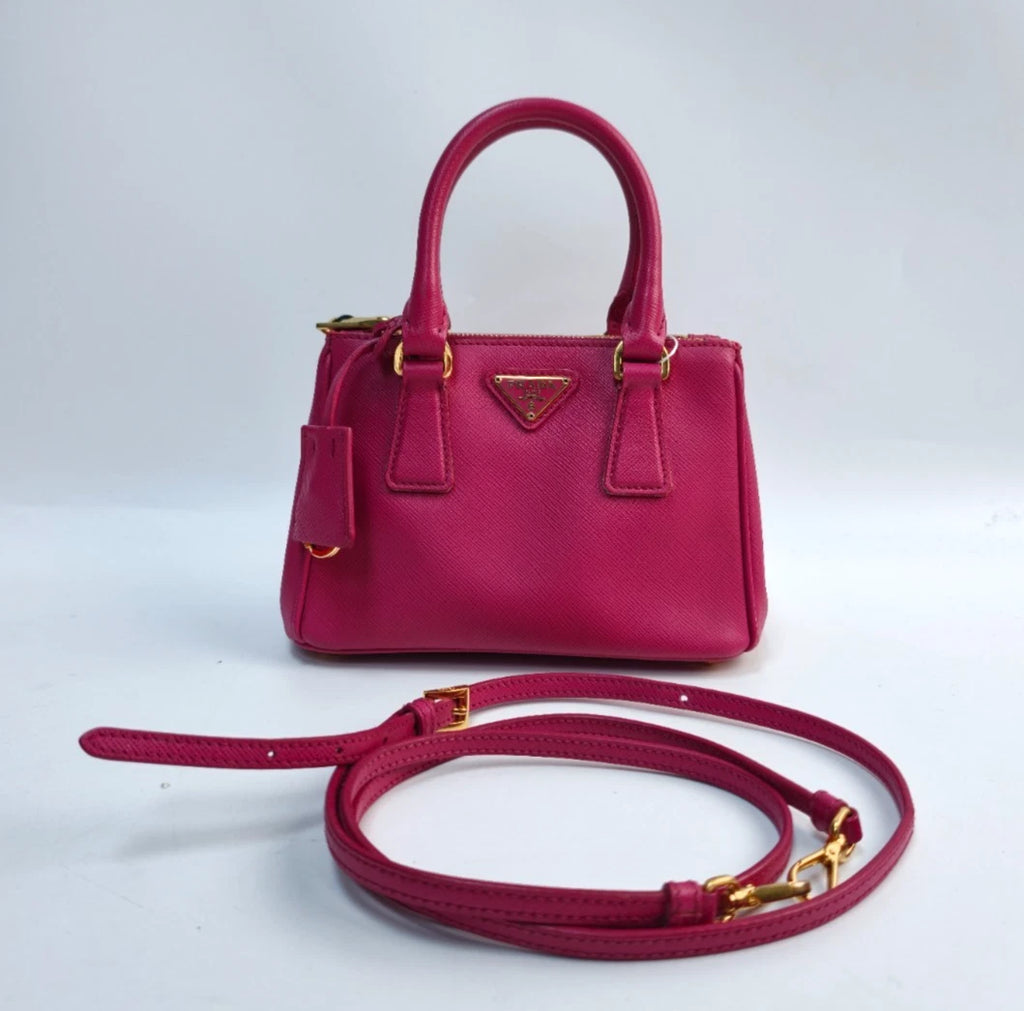 Prada Galleria Mini 2Way Top Handle Bag Crossbody Rose Red Gold Classic Women