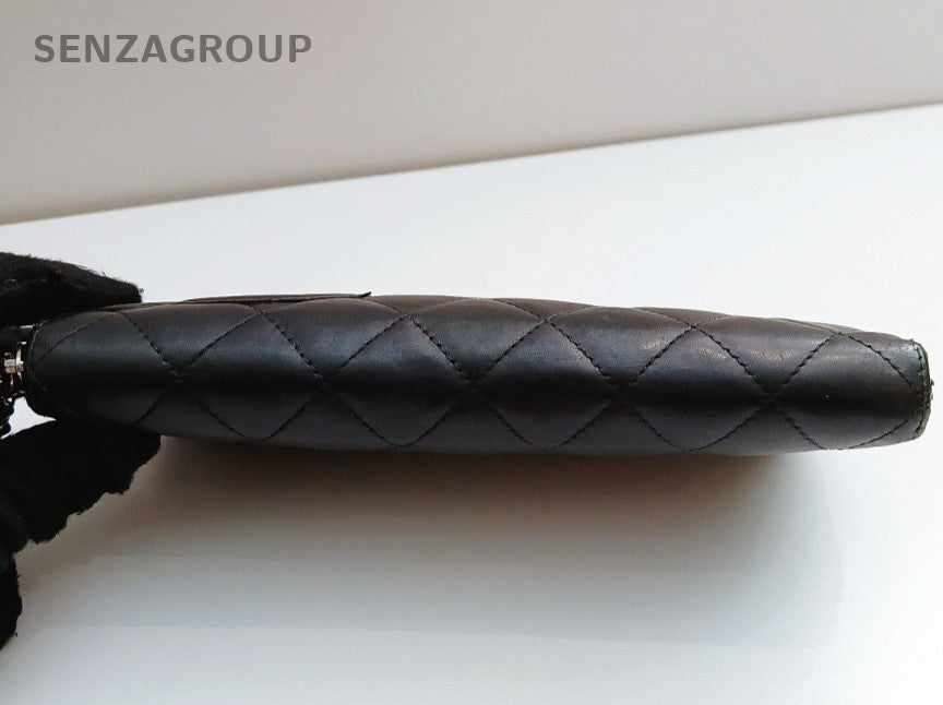 Chanel Diamond Zipping Wallet Clutch Black Silver Women Classic