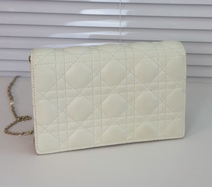 Christian Dior Woc Lambskin Wicker check pattern Chain Shoulder bag White Gold