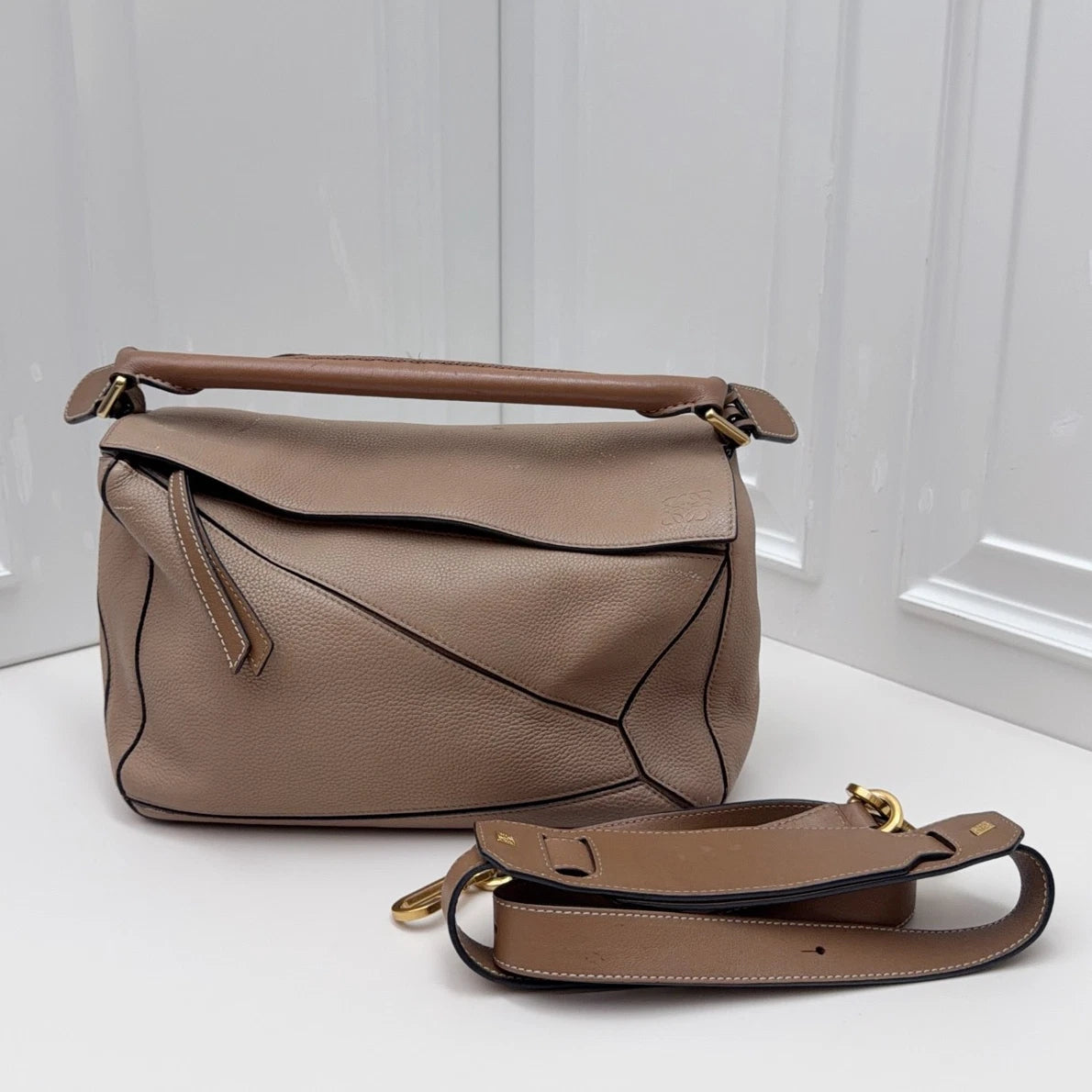 Loewe Puzzle Calfskin Top Handle Crossbody Bag Beige Gold Hardware Women