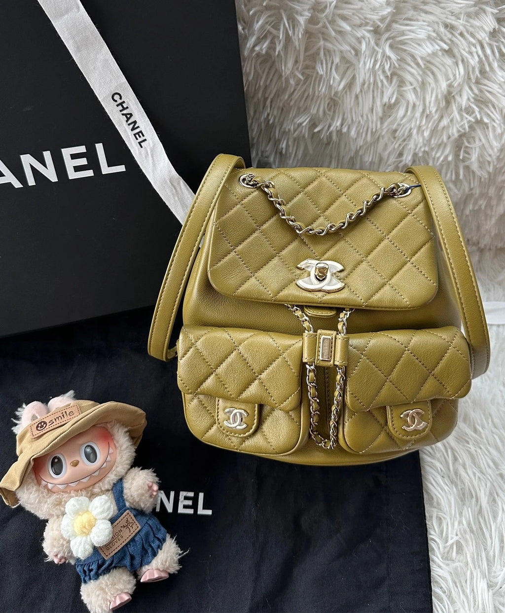 CHANEL Duma Medium Olive Green Leather Backpack For Women